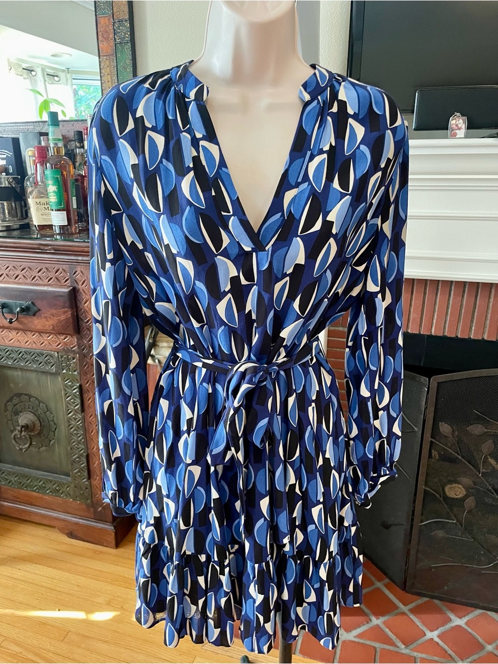 ZARA Blue & White Geometric Belted Mini Dress M